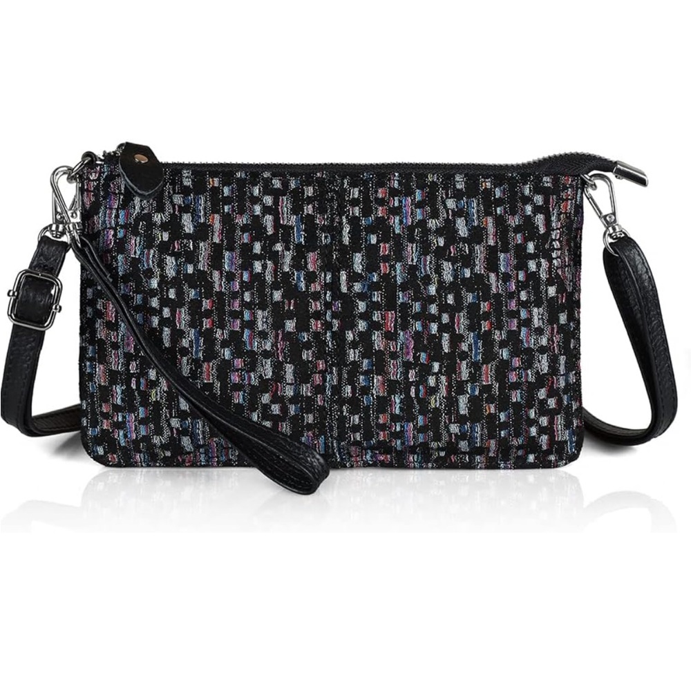 🆕befen Leather Wristlet Purse Envelope Crossbody Bags Black Silver Laserprinted
